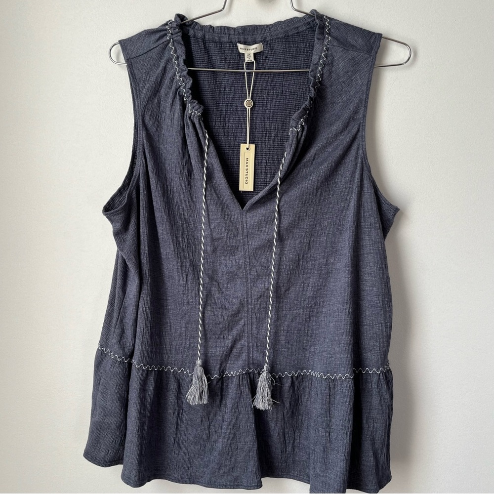 Max Studio Navy Sleeveless Peasant Top with Tassel Ties